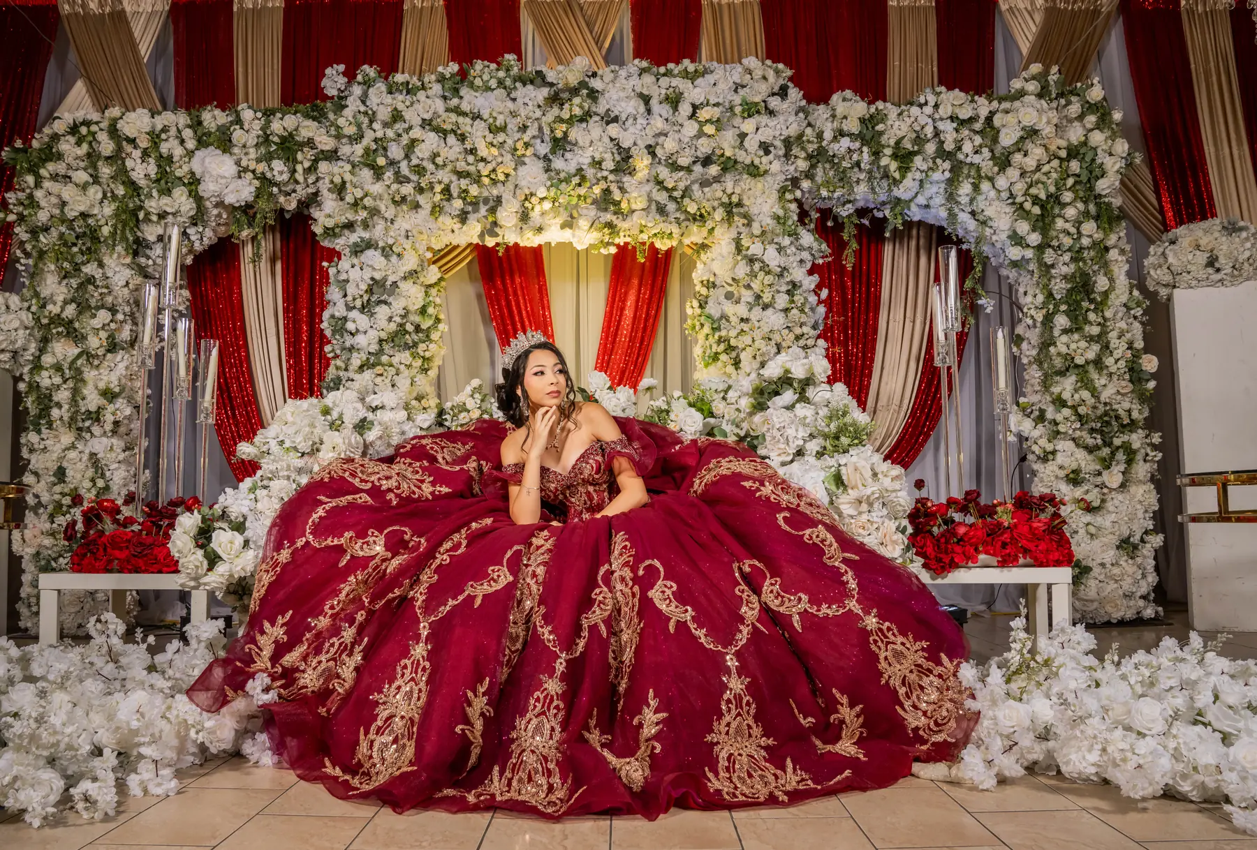 Quince red gown stage at Imperial Event Center 1