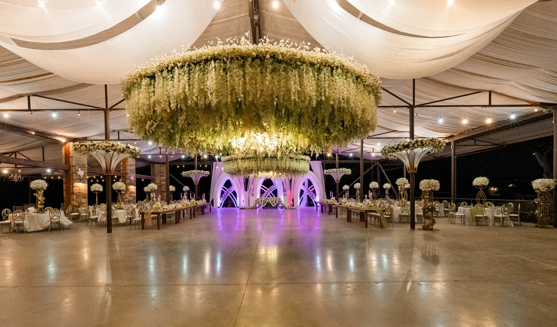 Pavilion ceiling florals at Mere's by Imperial Events